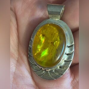 Vintage BEST Signed Silver-Tone Oval Fire Opal Glass Statement Pendant
